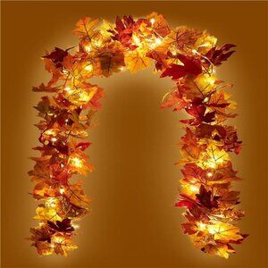 2 Pack Fall Maple Garland with 40 LED String Light- 5.8ft/Piece